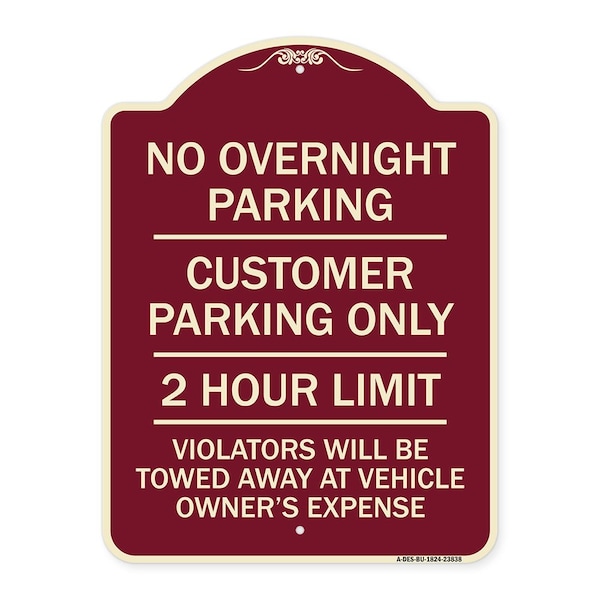 Signmission No Overnight Parking Customer Parking 2 Hour Limit Violators Towed Ve Alum, 24" x 18", BU-1824-23838 A-DES-BU-1824-23838 - main